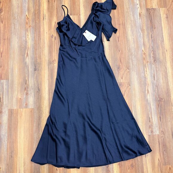 NWT Ted Baker Size 6 Keomi Navy Waterfall Ruffle Satin Bias Cut Midi Dress TB 2 - Picture 7 of 13